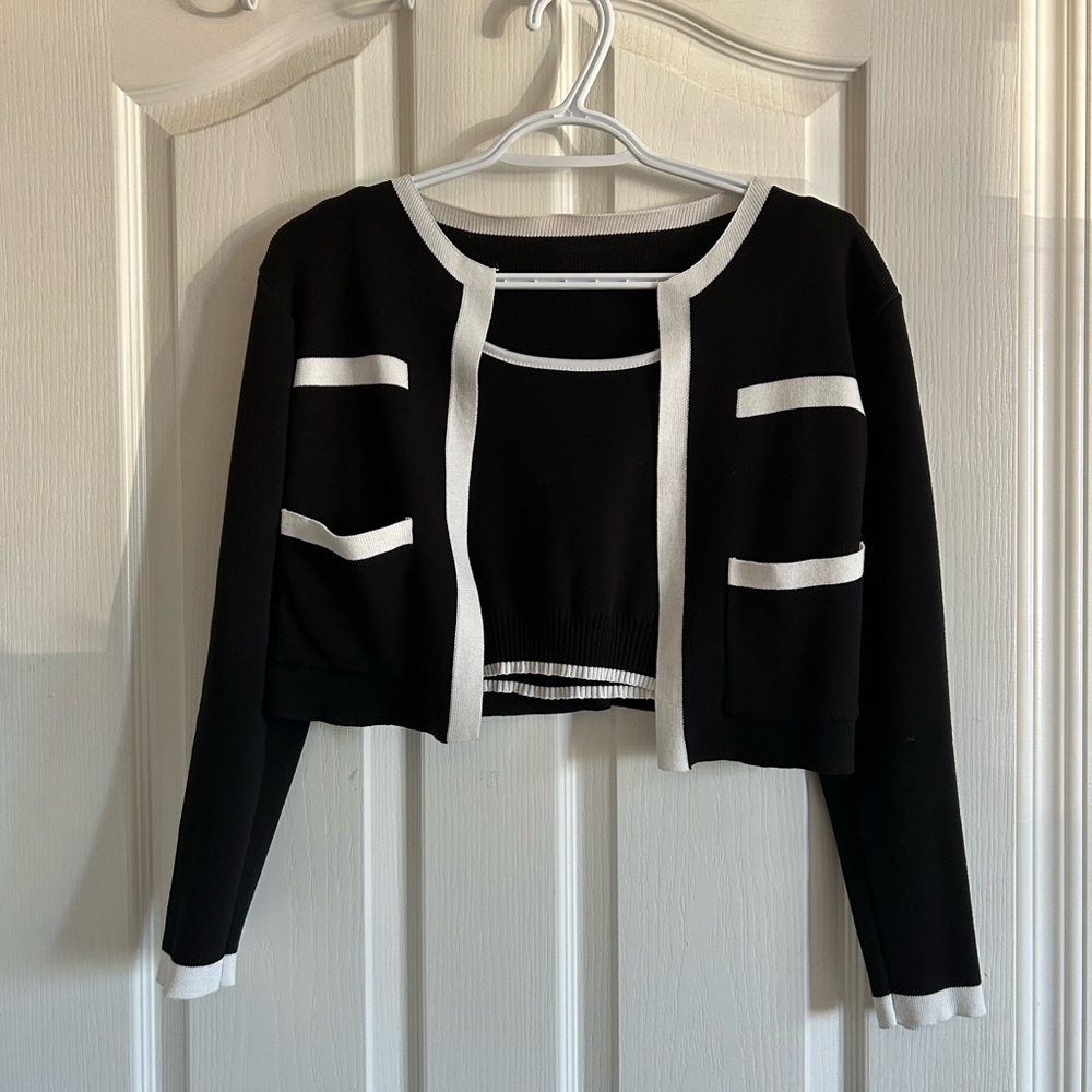 Black and White Crop Cardigan Set